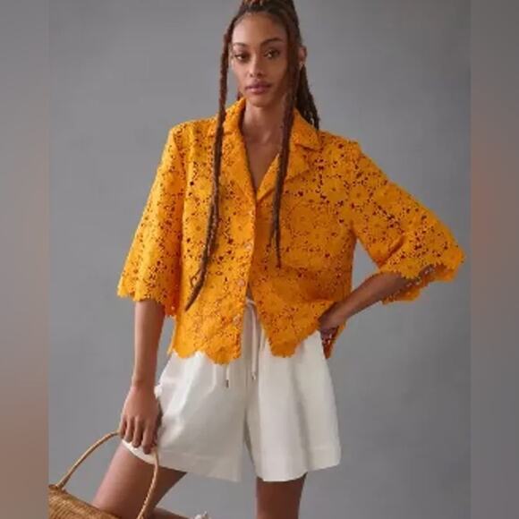 Anthropologie Maeve lace half sleeve button-down shirt in Mango - Picture 1 of 11
